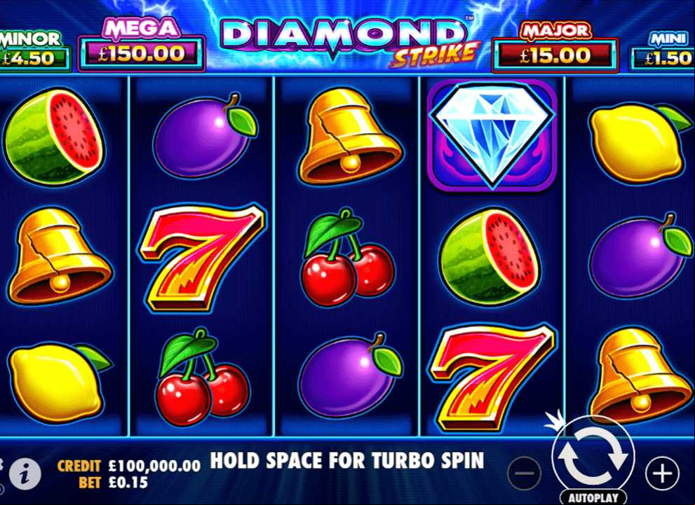 Screenshot of the slot game Diamond Strike by Pragmatic Play, which has a no deposit bonus available at UK online casino Aladdin Slots.