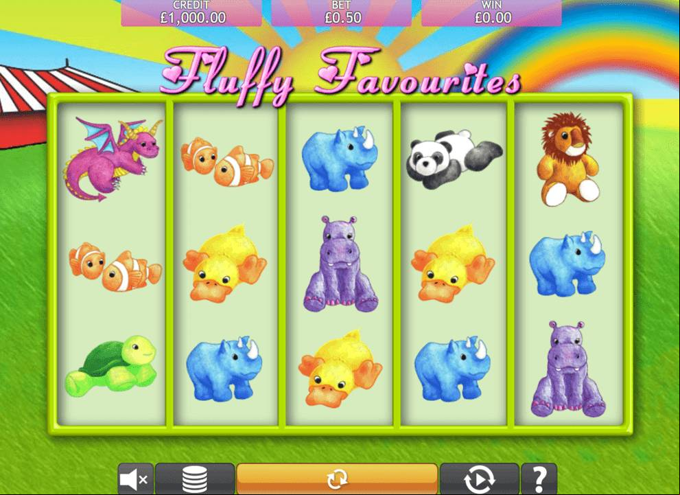 Screenshot of the slot game Fluffy Favourites by Eyecon, which has a no deposit bonus available at UK online casino Lights Camera Bingo.