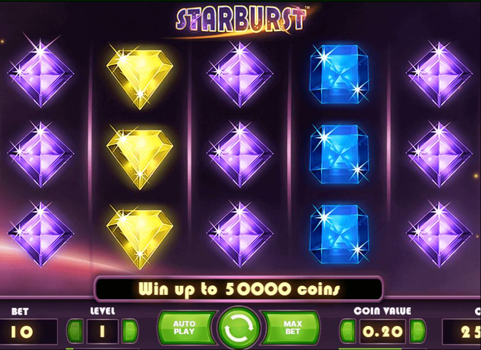 Screenshot of the slot game Starburst by NetEnt, which has a no deposit bonus available at UK online casino Space Wins.