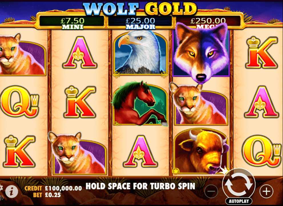 Screenshot of the slot game Wolf Gold by Pragmatic Play, which has a no deposit bonus available at UK online casino Slots Animal.