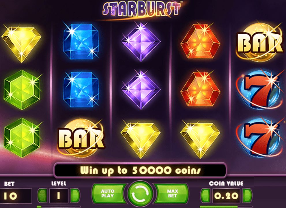 Screenshot of the online slot game Starburst by NetEnt, available to play at the best UK casino sites.